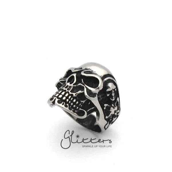 Stainless steel Gothic skull cast men's ring by Glitters, featuring detailed skull design on a polished band.