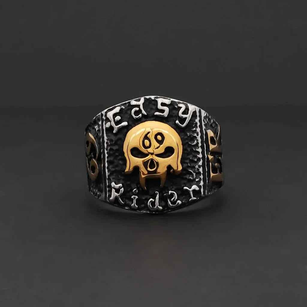 Stainless steel skull ring by Glitters featuring a detailed skull design, perfect for edgy jewelry style.