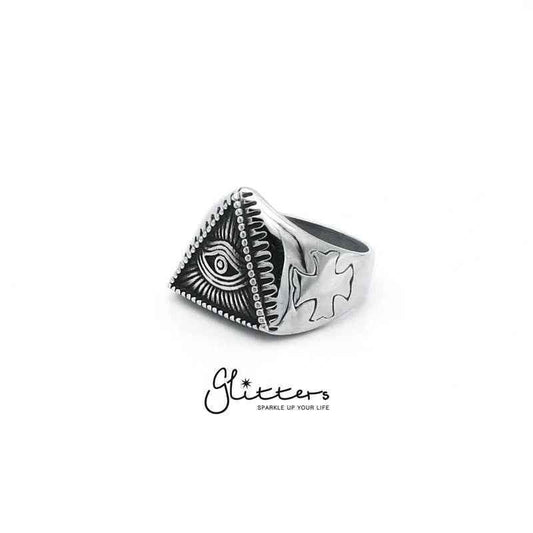 Stainless steel Triangle All Seeing Eye cast ring by Glitters, featuring detailed Eye of Providence design on a sleek band.