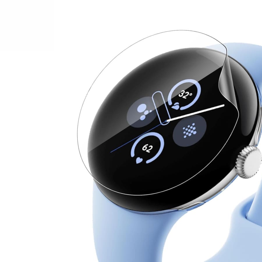 Hydrogel screen protector for Google Pixel Watch 2, designed as a watch case, showing the clear, flexible material on the watch face.