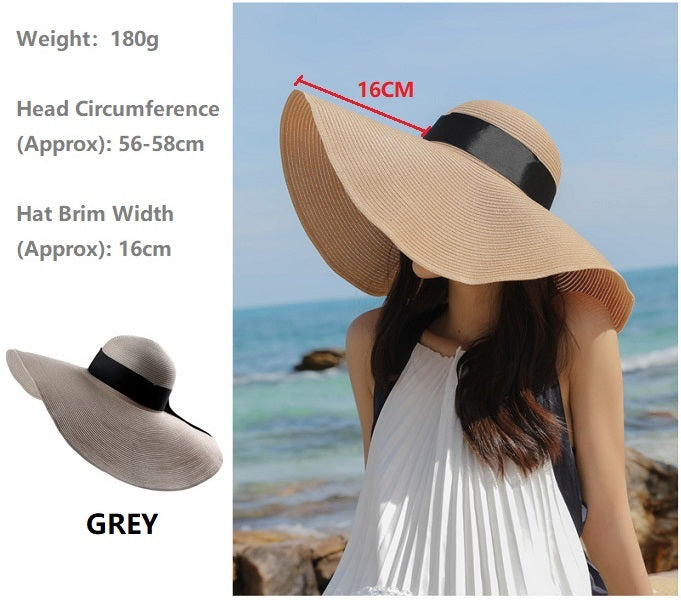 GREY- 16cm Wide Brim Women Lady Sun Straw Hat Floppy Derby Summer Beach Cap dealonline.co.nz