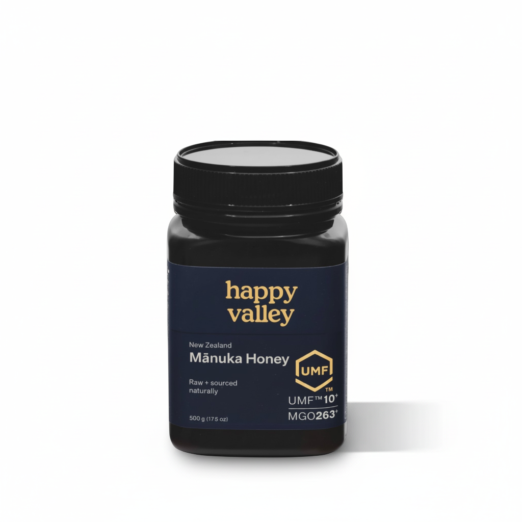 Jar of UMF® 10+ Manuka Honey from Happy Valley Honey, showcasing the golden honey in a clear glass jar.