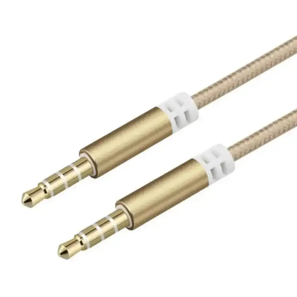 Habicare 9eight5 Hi-Fi 3.5mm AUX nylon braided audio cable connected to audio devices, showcasing durable braided design.