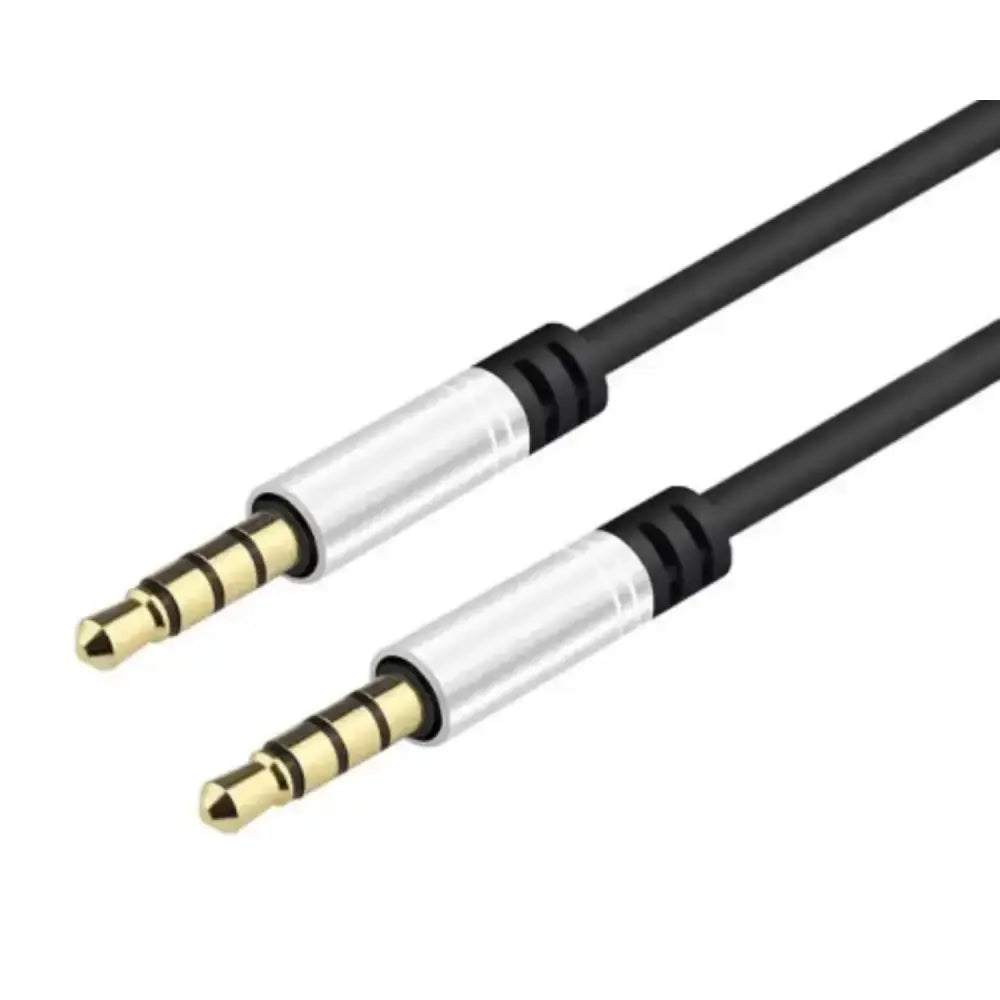 Habicare 9eight5 Hi-Fi 3.5mm AUX nylon braided audio cable connected to devices, showing durable braided design and gold-plated connectors.