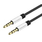 Habicare 9eight5 Hi-Fi 3.5mm AUX nylon braided audio cable connected to devices, showing durable braided design and gold-plated connectors.