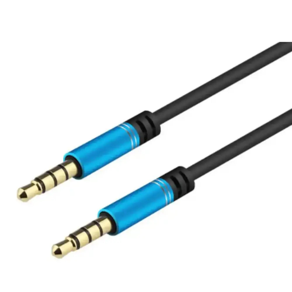 Habicare 9eight5 Hi-Fi 3.5mm AUX nylon braided audio cable connected to audio devices, showcasing durable braided design.