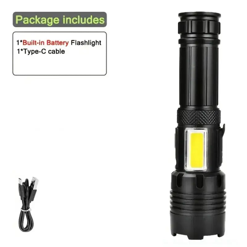 High Power Rechargeable LED Flashlight by Habicare, compact stainless steel design with beam visible in the image