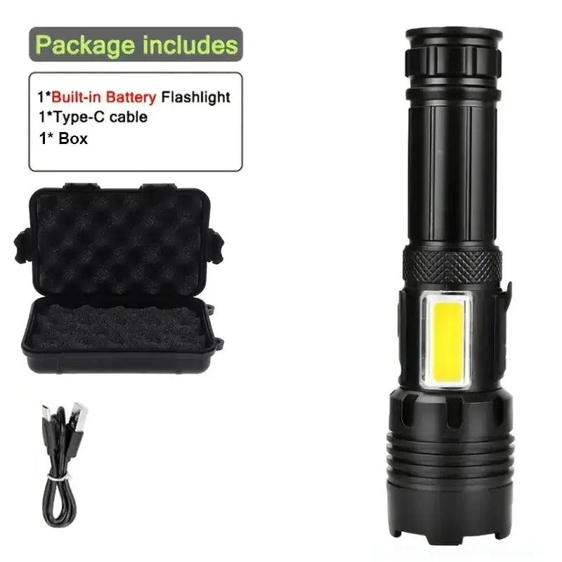 High Power Rechargeable LED Flashlight by Habicare, compact SS model with durable design, shown with packaging.