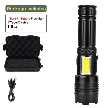 High Power Rechargeable LED Flashlight by Habicare, compact SS model with durable design, shown with packaging.