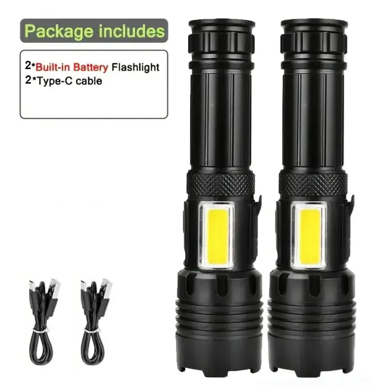Two high-power rechargeable LED flashlights from Habicare, stainless steel construction, compact and durable for outdoor use.