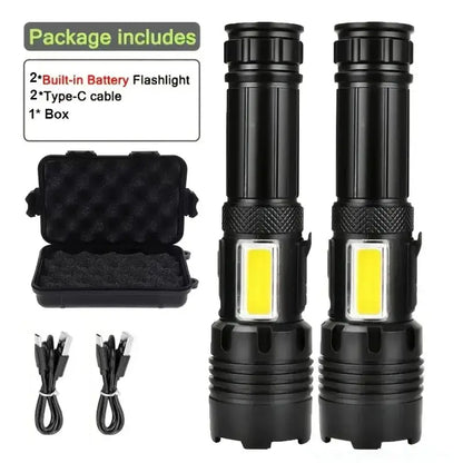 Two high-power rechargeable LED flashlights by Habicare with SS design, shown inside a box, ideal for outdoor and emergency use.