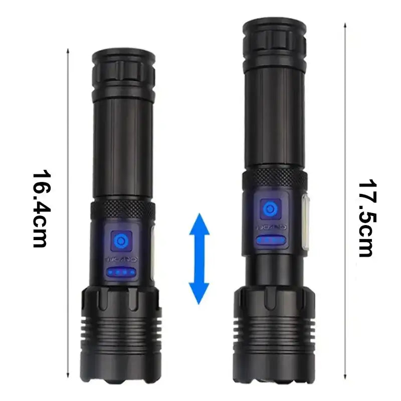 Habicare SS high-power rechargeable LED flashlight with a durable black body and focused beam for outdoor or emergency use.