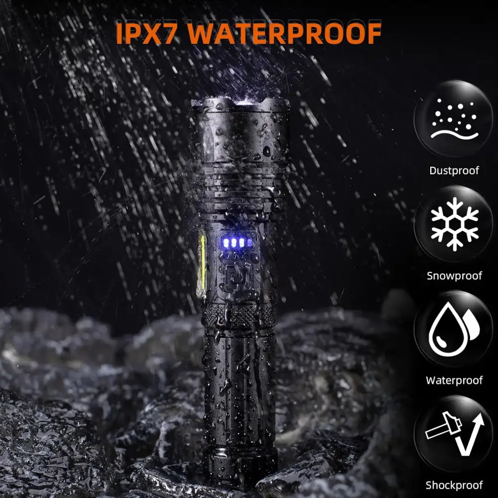 Habicare SS high-power rechargeable LED flashlight with a durable black body and adjustable focus, suitable for outdoor use.