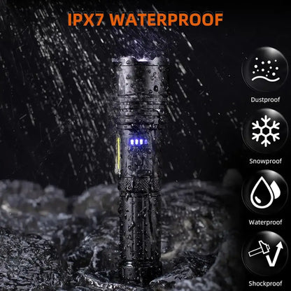Habicare SS high-power rechargeable LED flashlight with a durable black body and adjustable focus, suitable for outdoor use.