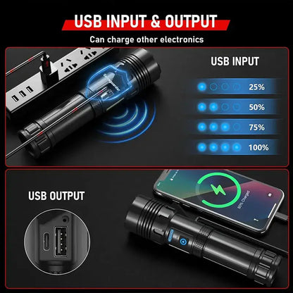 High Power Rechargeable LED Flashlight by Habicare, compact SS model with bright, focused beam and rechargeable battery.