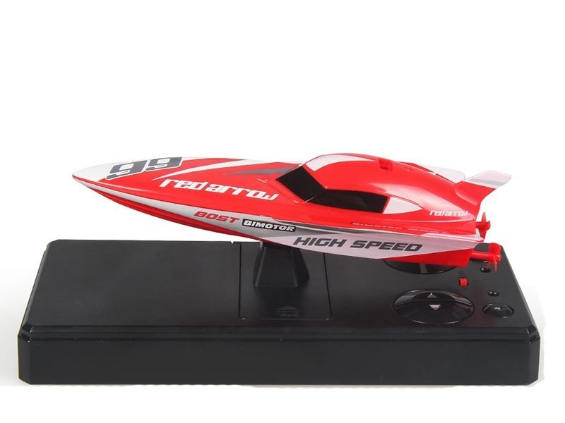 Red remote control racing boat by dealonline.co.nz, high-speed RC boat for fast water racing and fun on the lake.