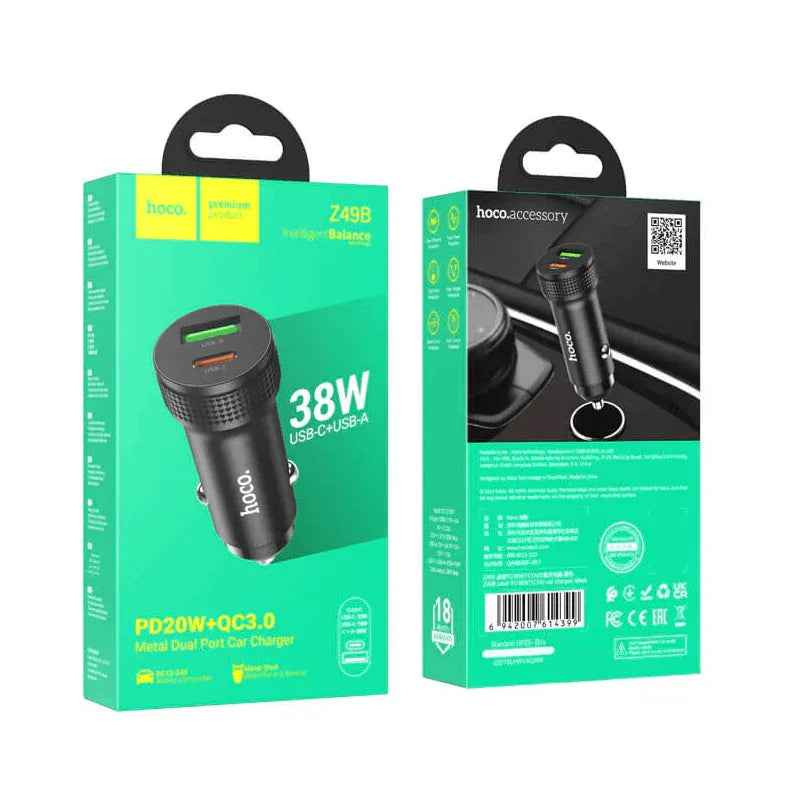 Hoco Z49B Dual-Port Car Charger 38W | USB-C PD & USB-A QC Fast Charging