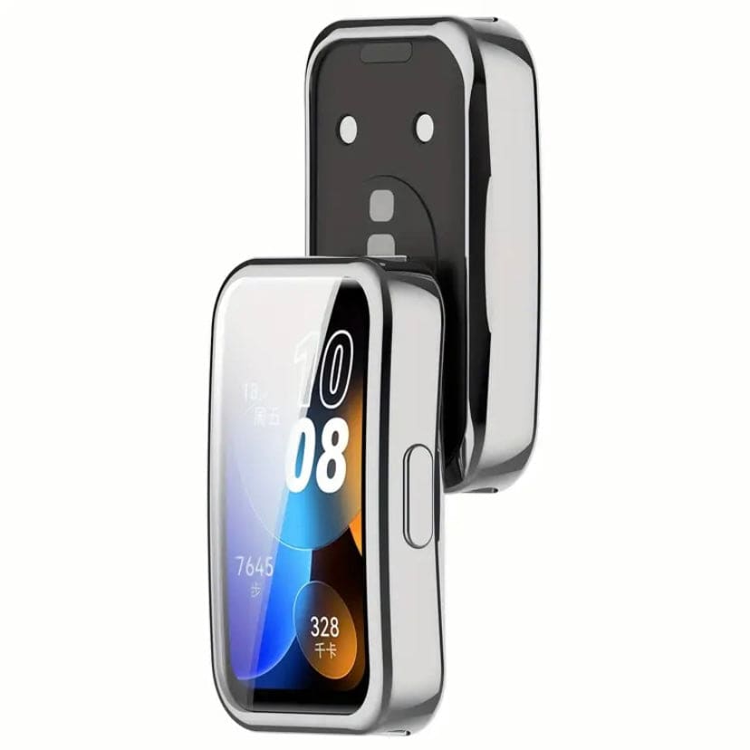 Silver protective case for Huawei Band 10 with watch screen protector, designed to safeguard the device and enhance its appearance.