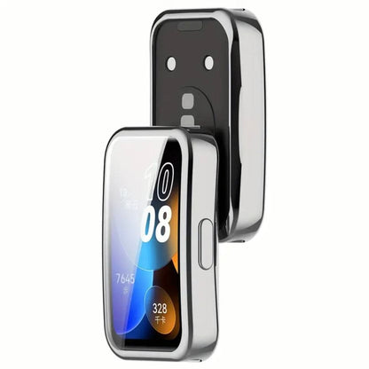 Silver protective case for Huawei Band 10 with watch screen protector, designed to safeguard the device and enhance its appearance.