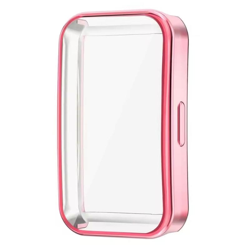 Transparent pink protective case for Huawei Band 10 with screen protector from That Watch Shop, designed to shield and enhance the watch.