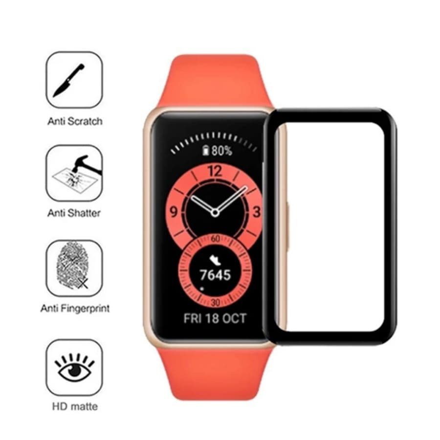 Tempered glass screen protector for Huawei Band 6 smartwatch, providing durable protection for the watch display.