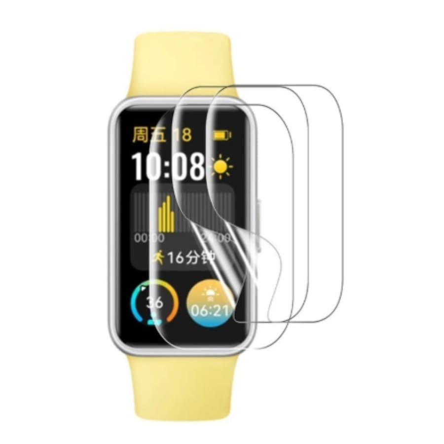 Hydrogel screen protectors for Huawei Band 8 and 9, pack of 6, showing clear, flexible protection for smartwatch screens.