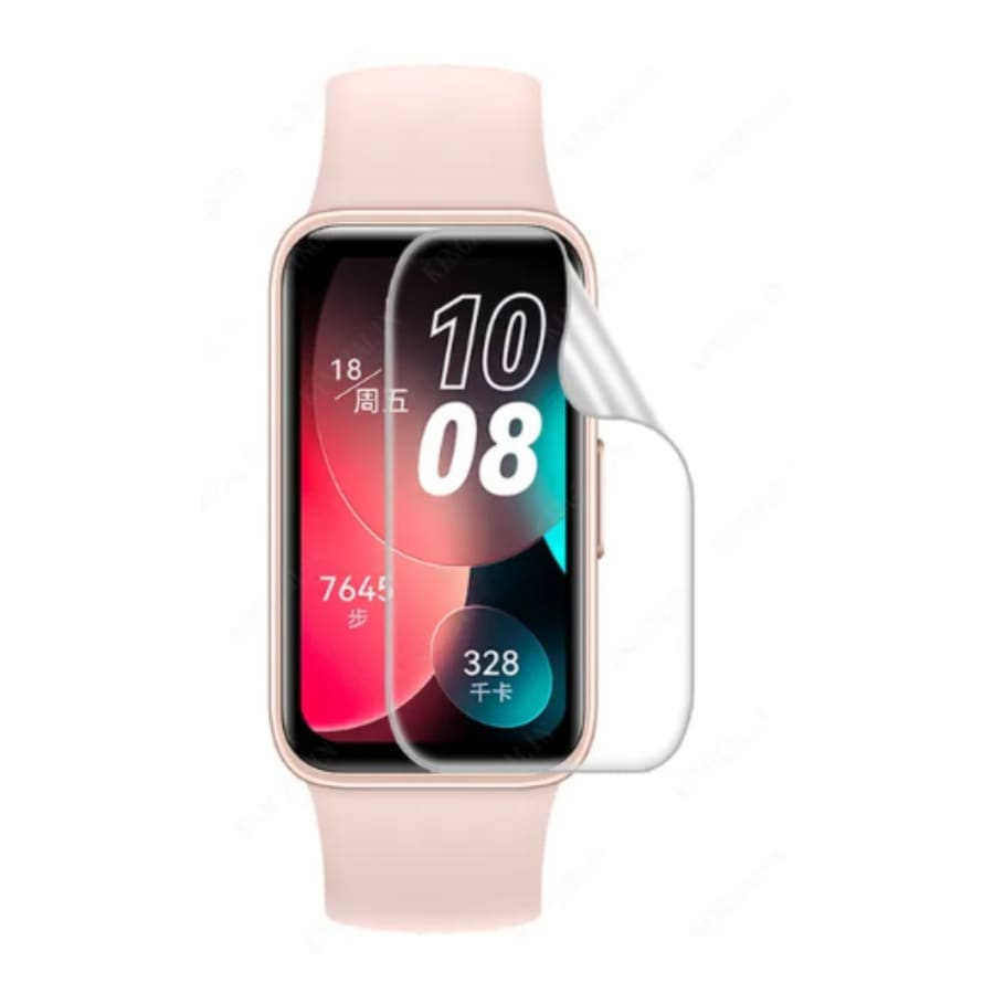 Hydrogel screen protectors for Huawei Band 8 and 9, pack of 6, showing clear, flexible protectors on smartwatch screens.
