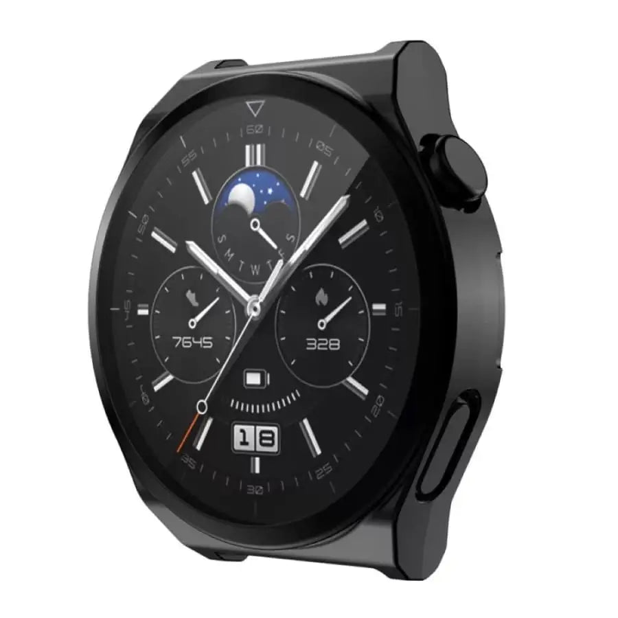 Black Habicare protective watch case for Huawei GT 2 Pro, showing a snug fit around the smartwatch with a sleek design.