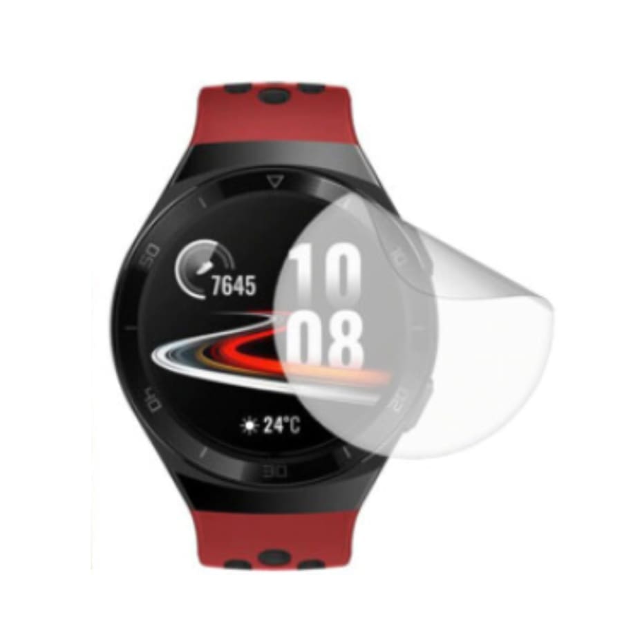 Six hydrogel screen protectors for Huawei GT 2e Sport smartwatch, showing clear, flexible covers protecting the watch screen.