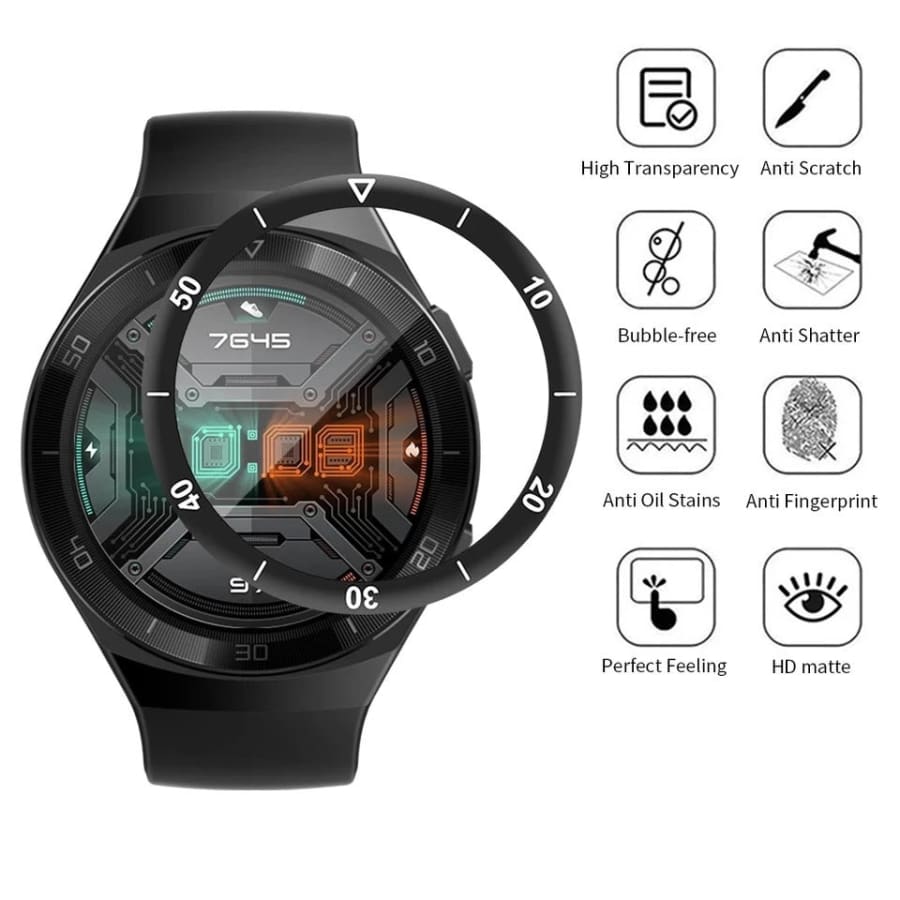 Pair of Huawei GT 2e Sport watch screen protectors, clear protective films for smartwatch screens.