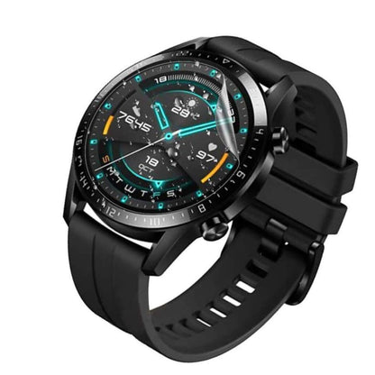 Set of six black hydrogel screen protectors for Huawei GT 46mm smartwatch, shown in a pack with individual protectors.