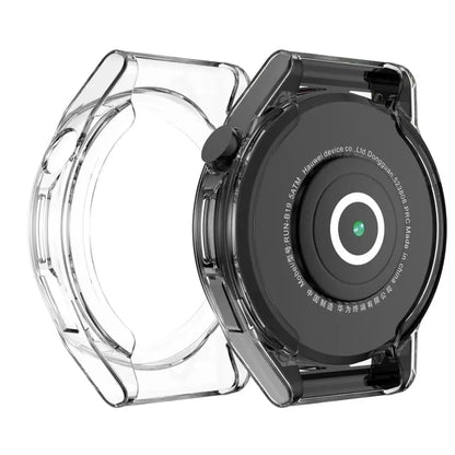 Clear protective case for Huawei GT Runner watch by Habicare, showing the transparent, snug-fit design on the watch.