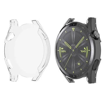 Clear Habicare protective case for Huawei GT3 42mm smartwatch, showcasing transparent design and snug fit for the watch.