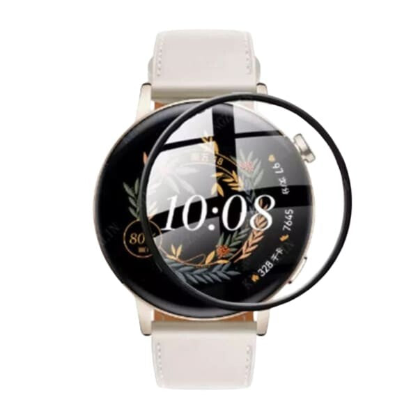 Pair of Huawei GT3 42mm watch screen protectors, clear and durable, shown on a smartwatch with a white strap.