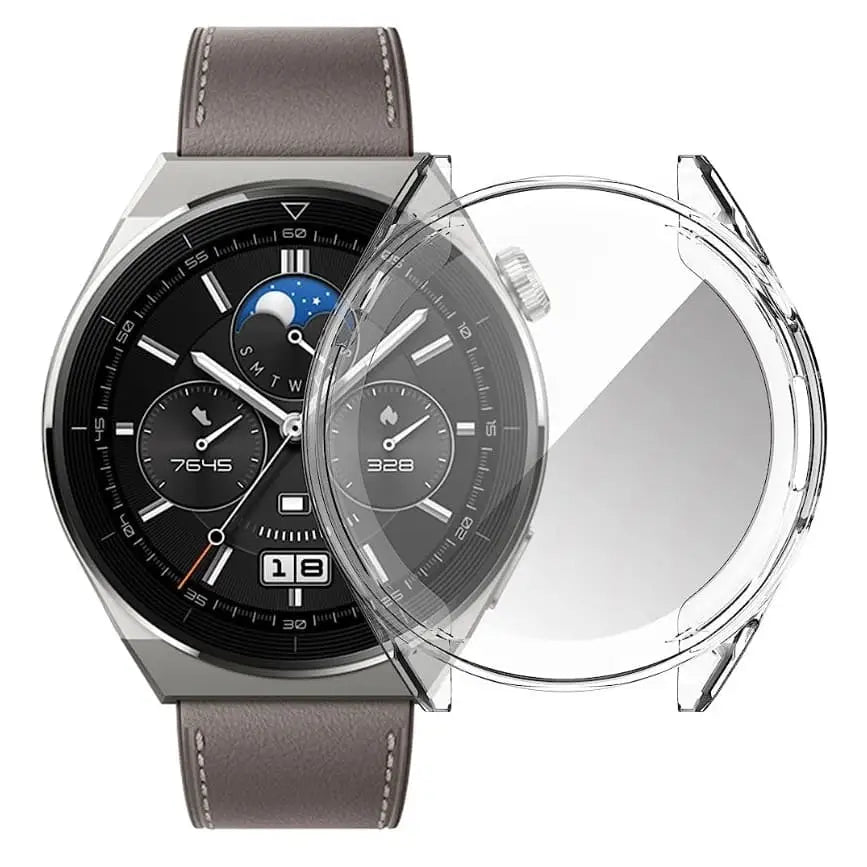 Clear Habicare protective case for Huawei GT3 Pro 46mm smartwatch, providing durable coverage and style.