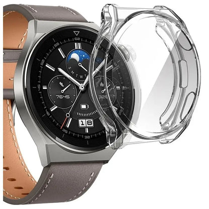 Clear protective case for Huawei GT3 Pro 46mm smartwatch by Habicare, showing the transparent fit and details of the watch.