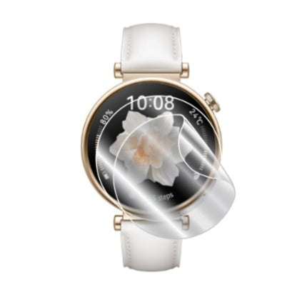 Hydrogel screen protectors for Huawei GT4 41mm smartwatch, pack of 6, showing clear, flexible protectors on watch screen.