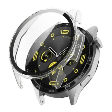 Clear protective case for Huawei GT4 41mm smartwatch by Habicare, shown fitted on the watch with transparent material.