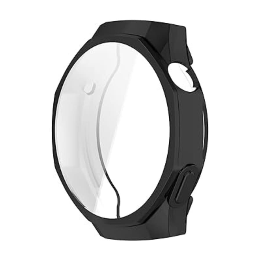 Black protective watch case for Huawei GT5 Pro 46mm smartwatch, showing a close-up of the rigid black case on the watch.