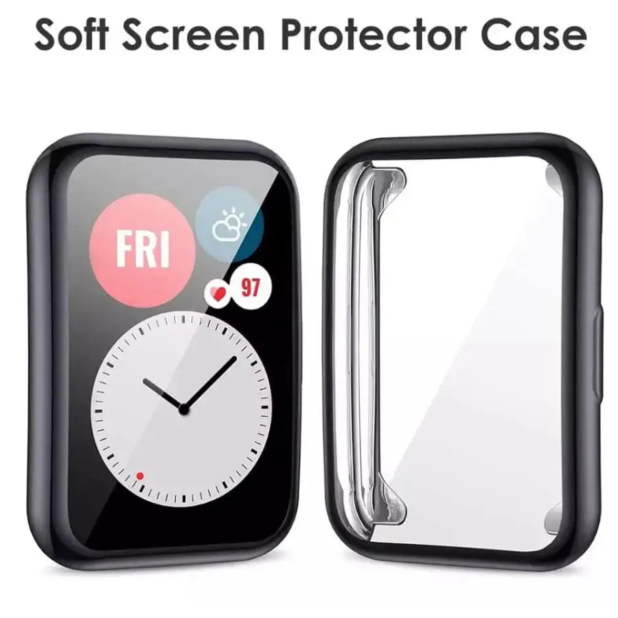 Black Habicare protective watch case for Huawei Watch Fit 2, showing the slim, durable design fitting snugly around the device.