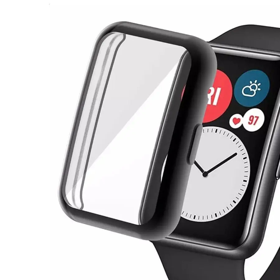 Black Habicare protective watch case for Huawei Watch Fit 2, providing durability and style for the smartwatch.