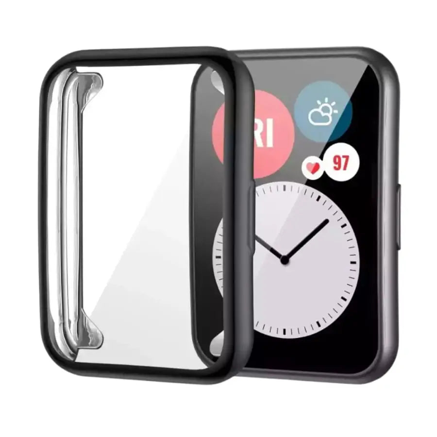Black Habicare protective case for Huawei Watch Fit 2, made of durable material to shield the smartwatch from scratches and impacts.