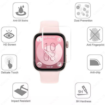 Hydrogel screen protector for Huawei Watch Fit 3 smartwatch, showing clear, fitted cover on the device screen.