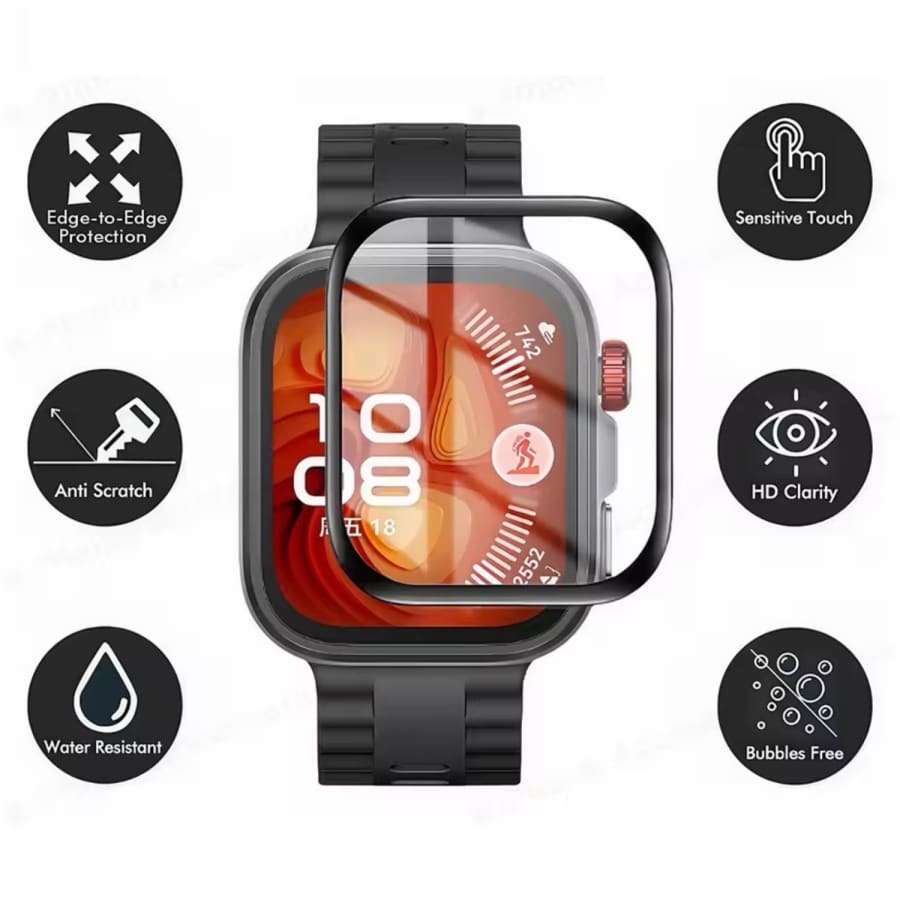 Black tempered screen protector for Huawei Watch Fit 4 Pro smartwatch, providing clear protection for the display.