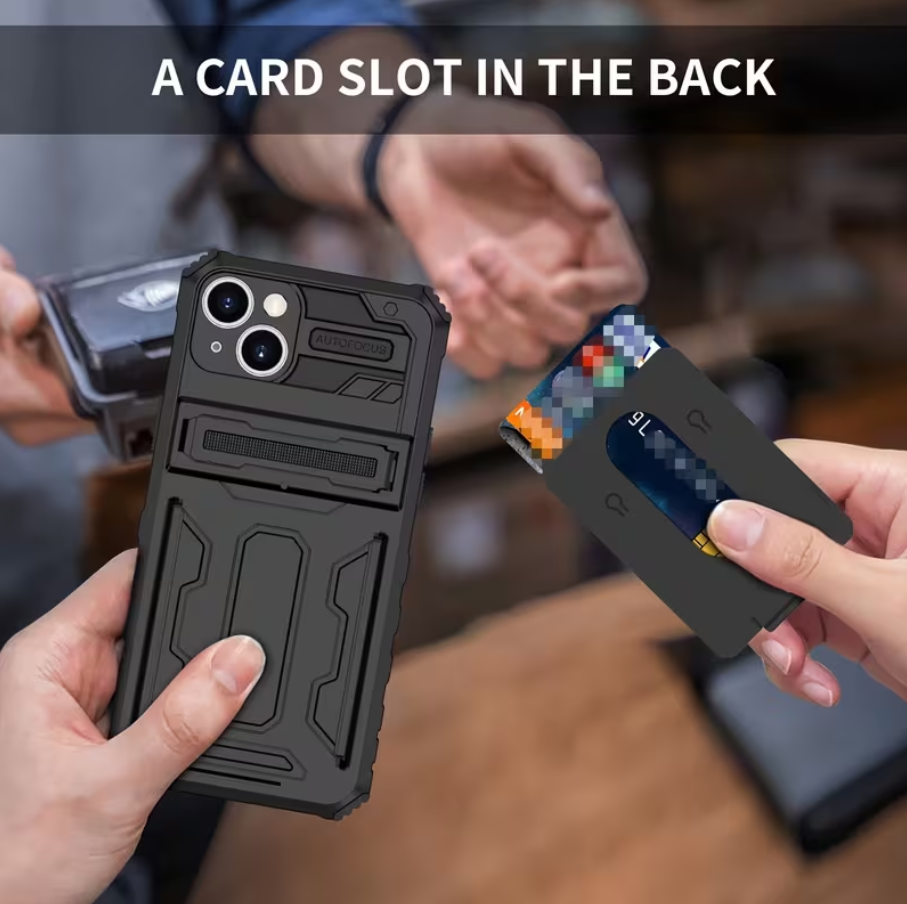 iPhone 15 Heavy Duty Shockproof Case With Card Holder & Kickstand (Black) - ShopHub