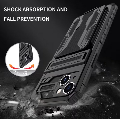 iPhone 15 Heavy Duty Shockproof Case With Card Holder & Kickstand (Black) - ShopHub