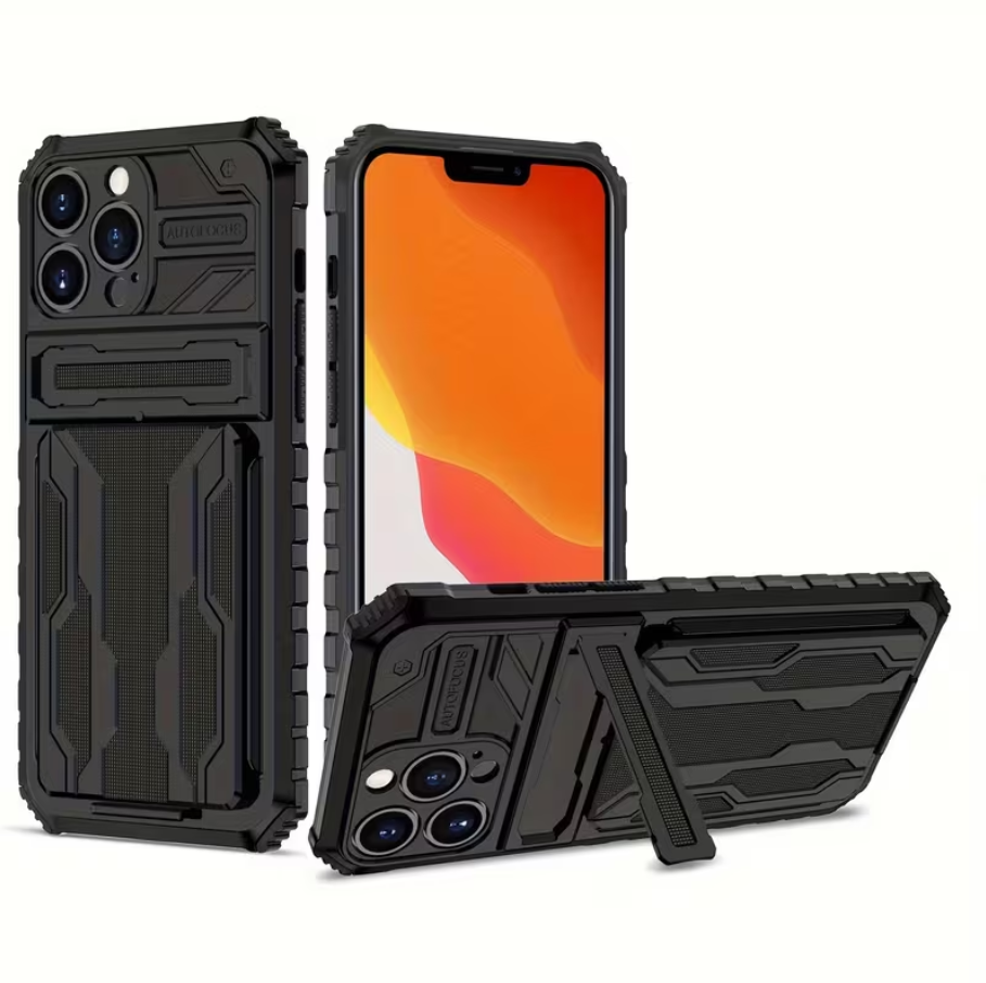 iPhone 15 Pro Heavy Duty Shockproof Case With Card Holder & Kickstand (Black) - ShopHub