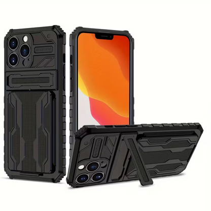 iPhone 15 Pro Heavy Duty Shockproof Case With Card Holder & Kickstand (Black) - ShopHub