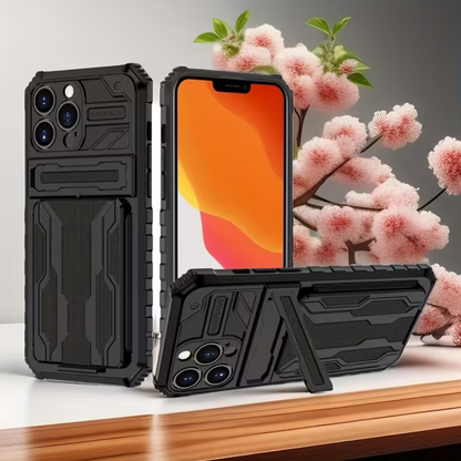 iPhone 15 Pro Heavy Duty Shockproof Case With Card Holder & Kickstand (Black) - ShopHub