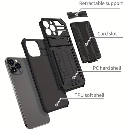 iPhone 15 Pro Heavy Duty Shockproof Case With Card Holder & Kickstand (Black) - ShopHub